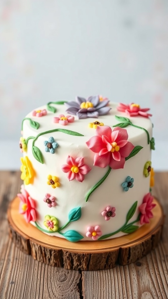 A cake with intricate buttercream embroidery designs, featuring colorful flowers and leaves on a rustic table.